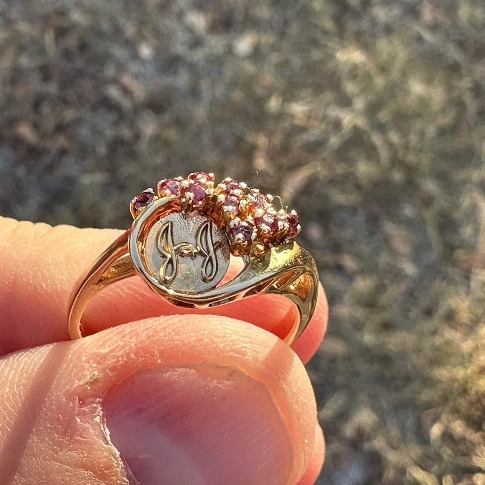 Vintage Jostens Statement Ring Stamped 14k Gold Ruby Cluster Sz 7.5 JJ Logo 3.8g